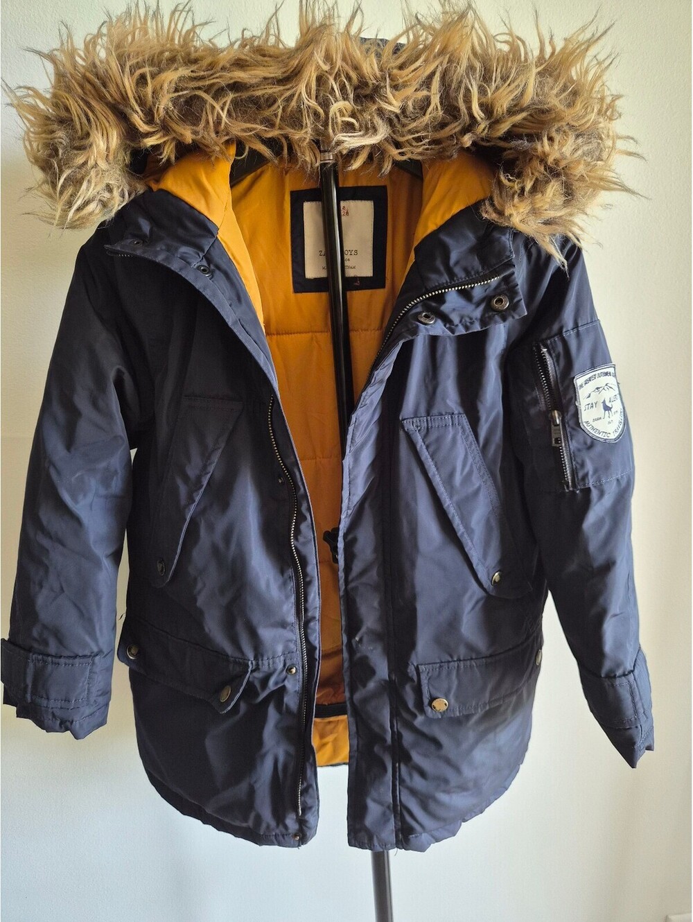 Zara Boys Navy Blue Parka Jacket with Faux Fur Hood - Size 8